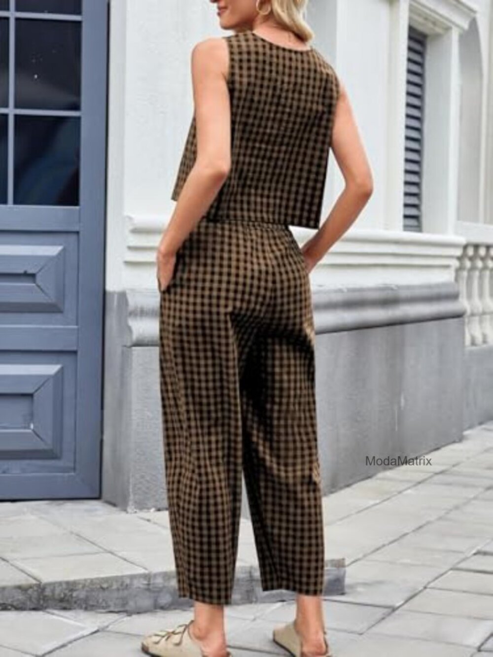 Cotton Gingham 2 Piece Outfit Summer Tank Top Pants Matching Lounge Set - Picture 2 of 7
